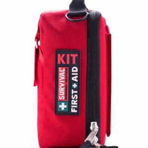 A red first aid kit on a white background.
