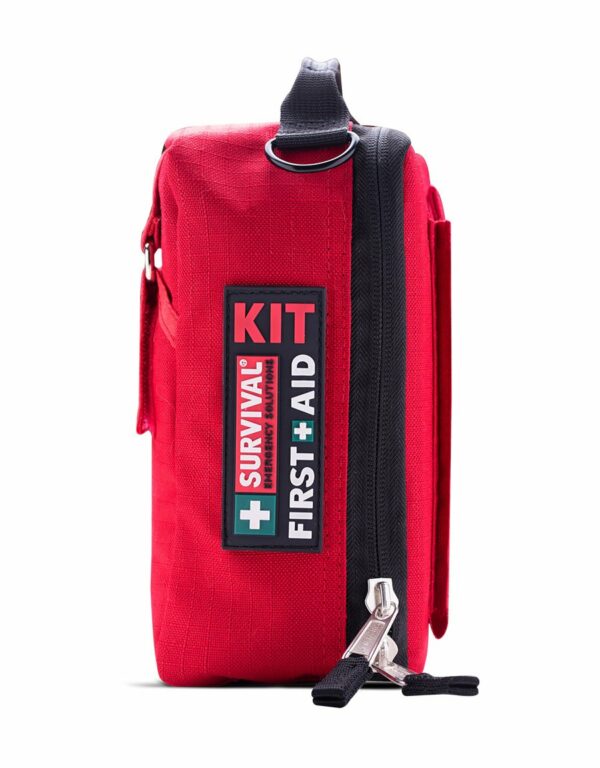 A red first aid kit on a white background.