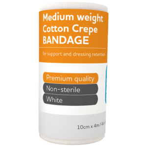 A roll of medium weight cotton crepe bandage, marketed for support and dressing retention, labeled as premium quality, non-sterile, and white in color, measuring 10 cm x 4.