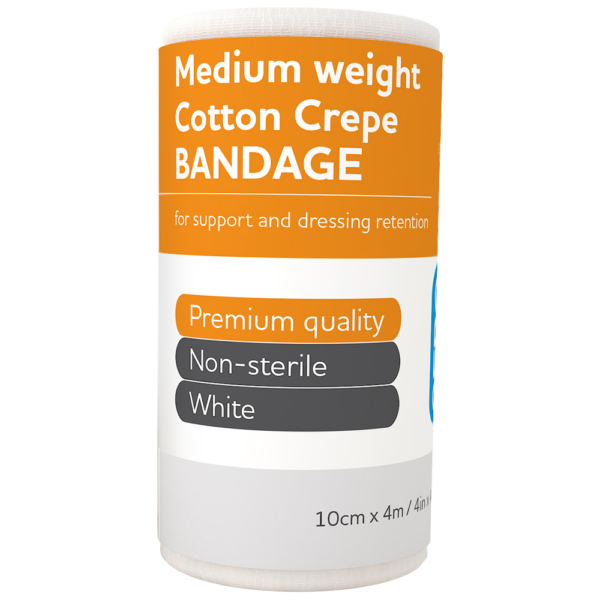 A roll of medium weight cotton crepe bandage, marketed for support and dressing retention, labeled as premium quality, non-sterile, and white in color, measuring 10 cm x 4.