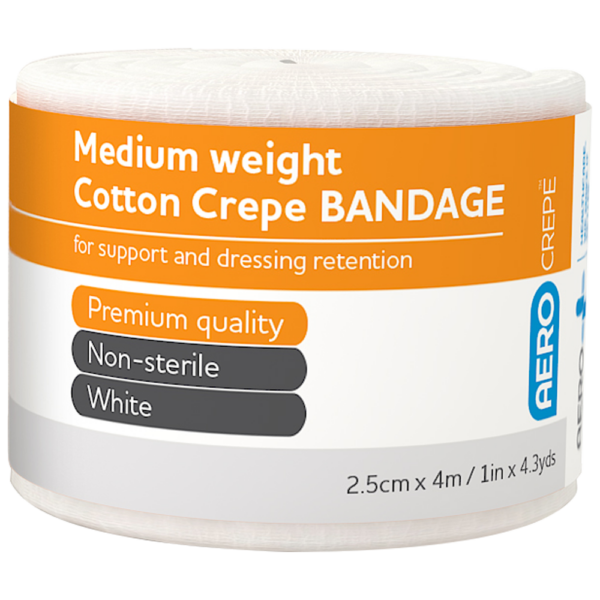 A container of medium weight, AEROCREPE Crepe Bandages quality, non-sterile, white cotton crepe bandages.