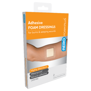 A package of aeroform plus adhesive foam dressings, which are water-proof and indicated for burns and weeping wounds, containing two dressings.