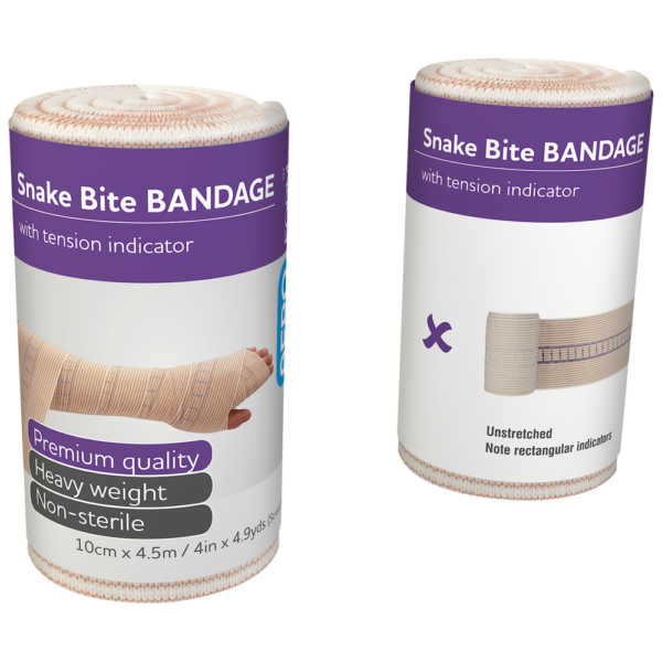 Two AEROFORM Snake Bite Bandages With Indicators displayed side by side, one wrapped and one unwrapped.