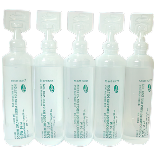 Five bottles of sterile saline solution on a white background.