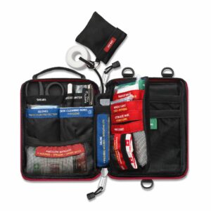 A small first aid kit with several items in it.