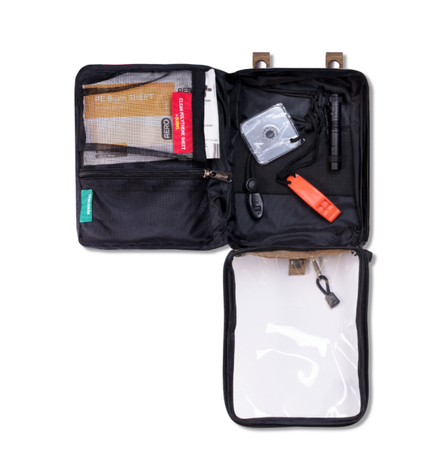 Emergency Survival Outdoor Module First Aid Kit with various supplies displayed in open compartments.