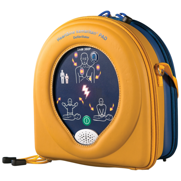 A portable aed machine with an image of a person.