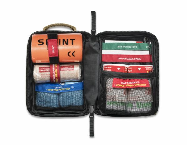 A first aid kit with several items in it.