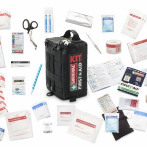 A first aid kit with a variety of items.