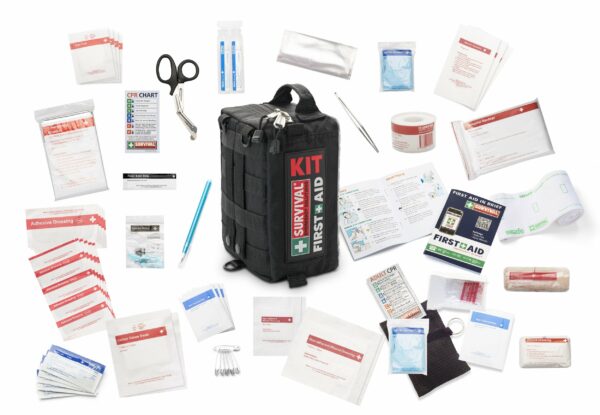 A first aid kit with a variety of items.