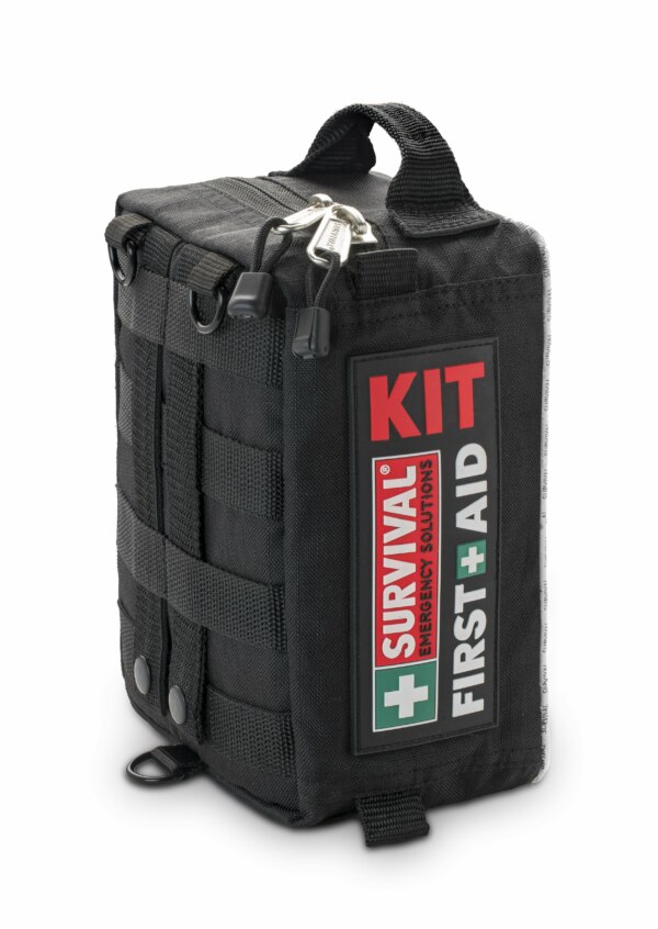 Black Survival Vehicle First Aid Kit bag with survival supplies, isolated on a white background.
