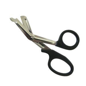A pair of stainless steel bandage scissors with black handles.