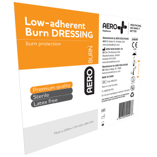 A package of aeroburn low-adherent burn dressing, highlighting features such as premium quality, sterile, and latex-free, in a size of 7.5 cm x 22 cm.