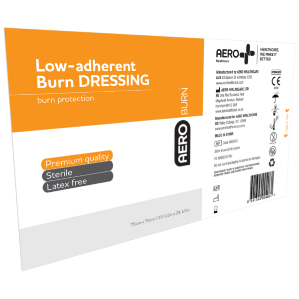 Packaging of AEROBURN Low-Adherent Burn Dressing with product information and barcode.