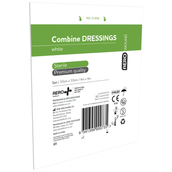 Sterile white AEROWOUND Combine Dressing packaging with AEROWOUND Combine Dressing information and instructions.