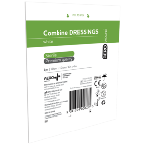 A sterile package of a white, premium quality combine dressing measuring 10 cm x 10 cm.