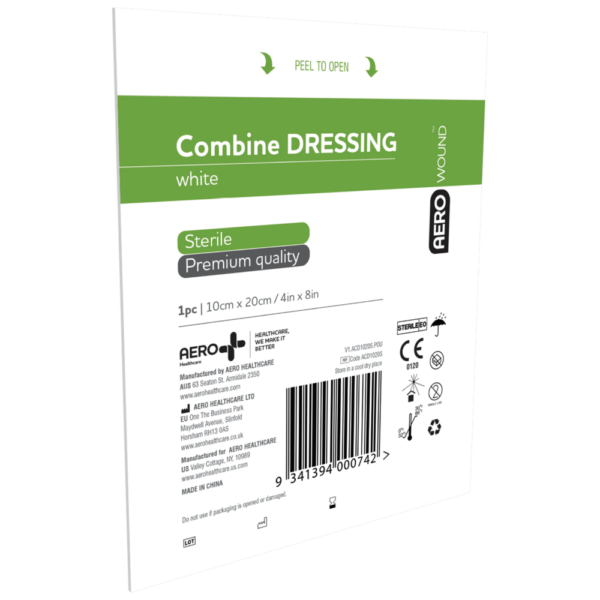 A pack of sterile AEROWOUND Combine Dressing for wound care.