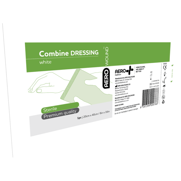 Packaging of a sterile AEROWOUND Combine Dressing for wound care.