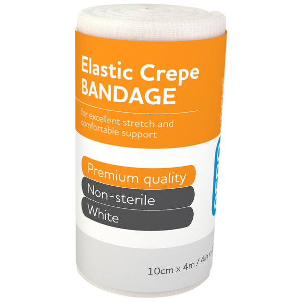 A roll of white AEROCREPE Crepe Bandages with product information label.