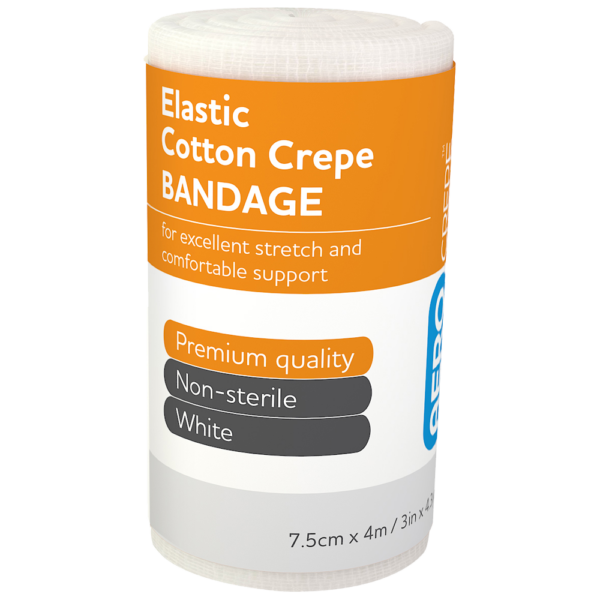 A roll of white AEROCREPE Crepe Bandages for medical use, featuring excellent stretch and comfortable support.