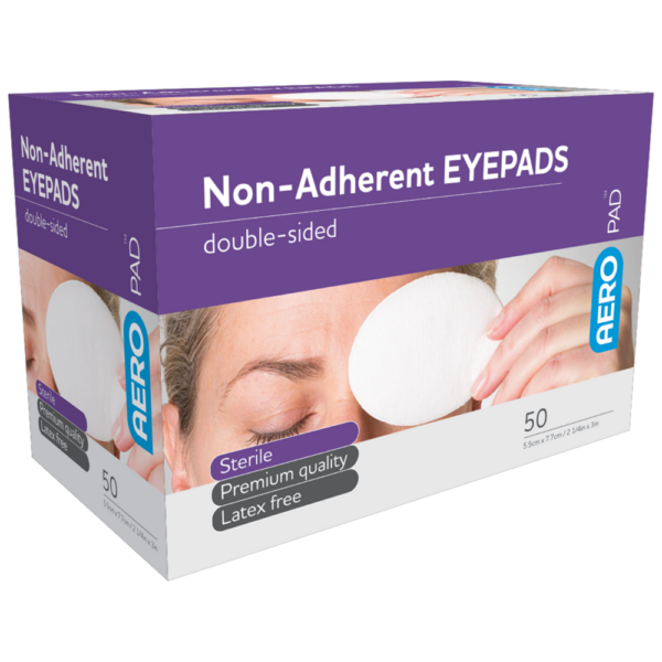 A box of double-sided, non-adherent AEROPAD Non-Adherent Dressing's eyepads, latex-free, containing 50 pieces.