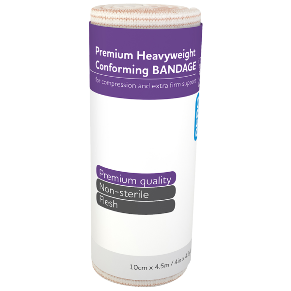 Roll of AEROFORM Premium Heavyweight Conforming bandage for compression and support, flesh-colored, 10cm x 4.5m size.