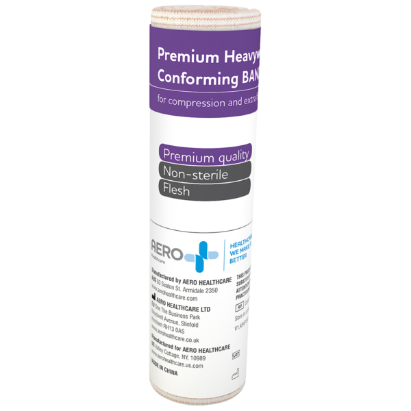 Sentence with the product name: A tube of AEROFORM Premium Heavyweight Conforming bandage in flesh tone by Aero Healthcare.