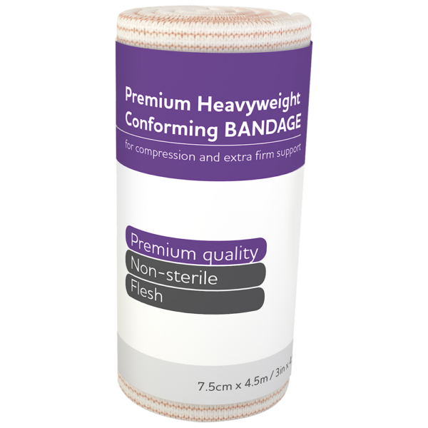 A container of premium heavyweight conforming bandage in flesh color, sized 7.5 cm x 4.5 m, labeled for compression and extra firm support, and specified as non-ster.