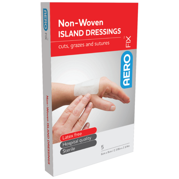 Sentence with product name: Box of non-woven AEROFILM PLUS Waterproof Island Dressing for cuts, grazes, and sutures, latex-free and sterile packaging.