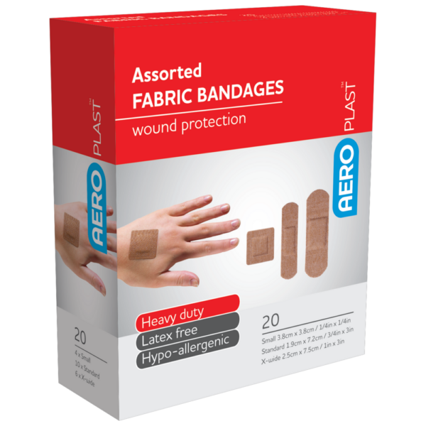 A box of assorted AEROPLAST Premium Fabric Standard Strip bandages for wound protection, highlighting features like heavy duty, latex-free, and hypo-allergenic.