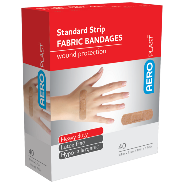 A box of AEROPLAST Premium Fabric Standard Strip bandages for wound protection, latex-free and hypoallergenic, containing 40 pieces.