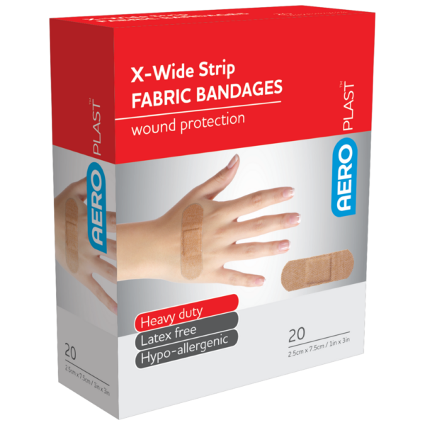 AEROPLAST Premium Fabric X-Wide Strip bandages with an image displaying the bandages on fingers.