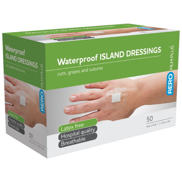 A box of aeroplast waterproof island dressings containing 50 latex-free, breathable adhesive bandages for cuts, grazes, and sutures.
