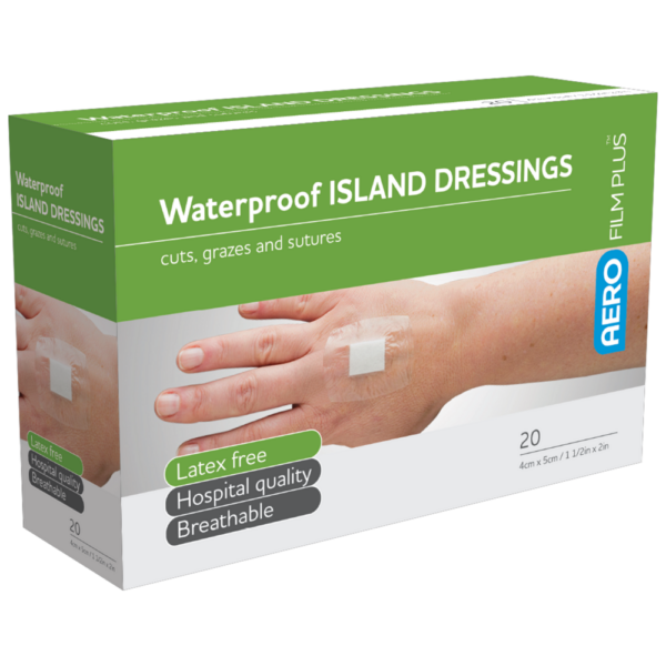 Box of AEROFILM PLUS Waterproof Island Dressing for cuts, grazes, and sutures, latex-free and breathable.