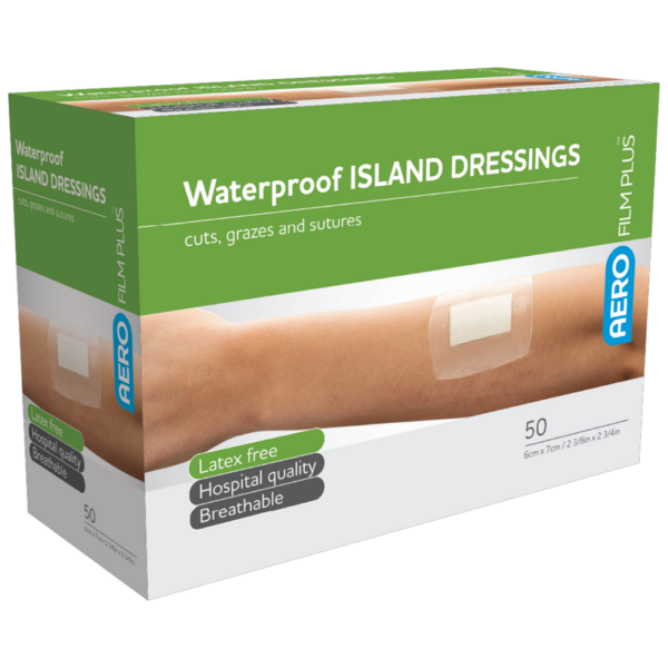 Box of AEROFILM PLUS Waterproof Island Dressings for wound care, including cuts, grazes, and sutures.