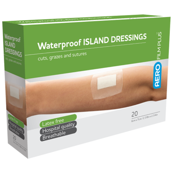 Box of AEROFILM PLUS Waterproof Island Dressings for cuts, grazes, and sutures, featuring 20 latex-free and breathable bandages.