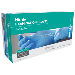 Box of disposable nitrile examination gloves, powder-free and non-sterile, with a push-off tab to dispense. the box indicates various sizes available from extra-small to extra-large.