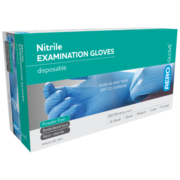 Box of disposable nitrile examination gloves, powder-free and non-sterile, with a push-off tab to dispense. the box indicates various sizes available from extra-small to extra-large.