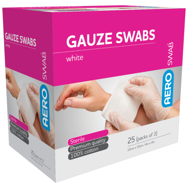 A box of white gauze swabs with an image showing the swabs being used to bandage a wrist, indicating the sterile medical product inside. the packaging states that there are 25 packs.