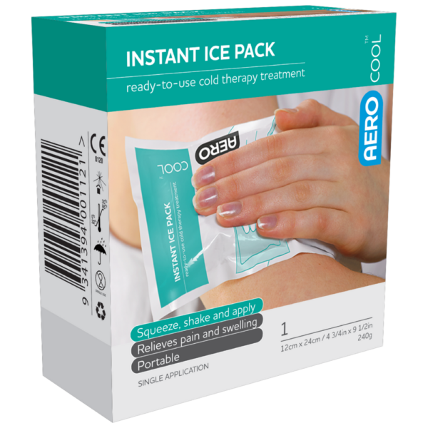 A box of "aero cool instant ice pack" for cold therapy treatment, with a visual instruction showing how to squeeze and apply the ice pack to a hand.