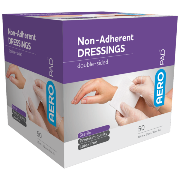 Sentence with product name: A box of double-sided AEROPAD Non-Adherent Dressing's sterile dressings, latex-free, containing 50 pads.