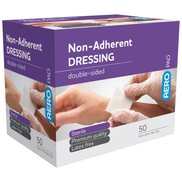A box of AEROPAD Non-Adherent Dressing's sterile, latex-free, non-adherent dressing pads used for medical purposes.
