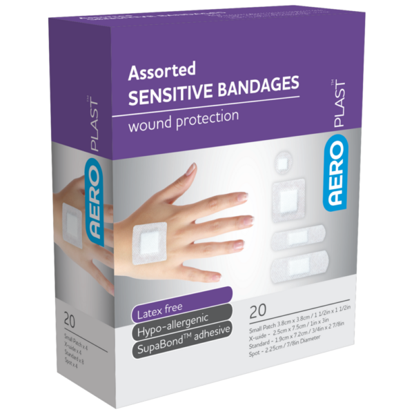 A box of assorted sensitive bandages for wound protection.