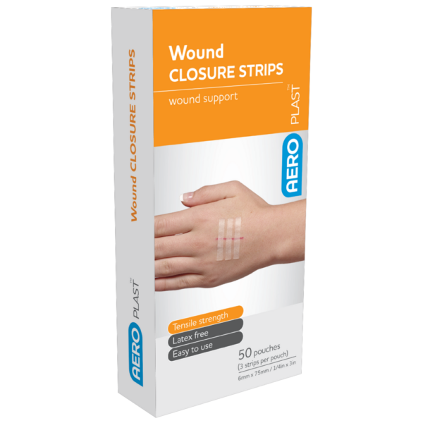 Wound closure strips in a box.