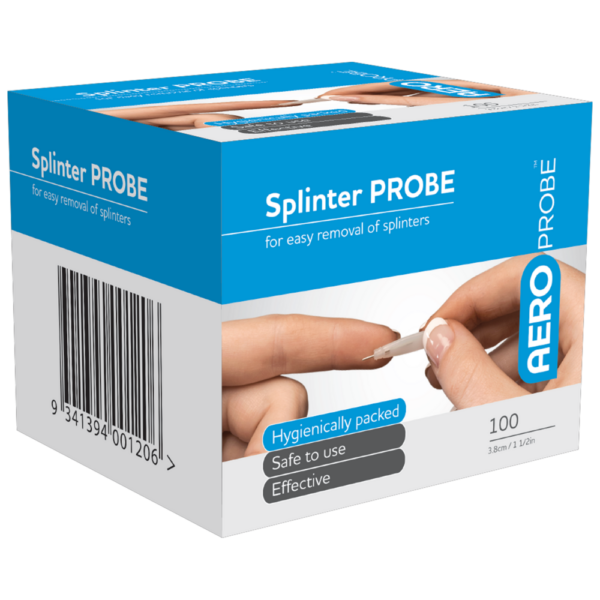 A box of splinter probe needles used for the easy removal of splinters, highlighting they are hygienically packed, safe to use, and effective, containing 100 pieces.