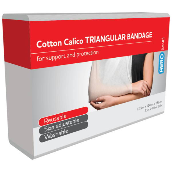 A package of AEROBAND Cotton Calico Triangular Bandage for support and protection, highlighting features such as reusable, size adjustable, and washable.