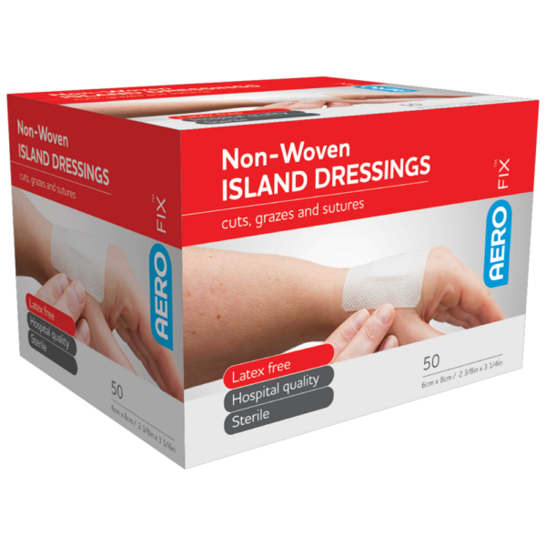 A box of aerofix non-woven island dressings, which are latex-free, hospital quality, and sterile for cuts, grazes, and sutures containing 50 dressings.