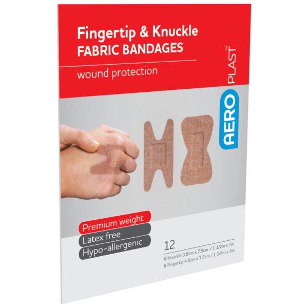 A package of AEROPLAST Premium Fabric Fingertip and Knuckle Dressings with a display of specialized shapes for different finger areas.