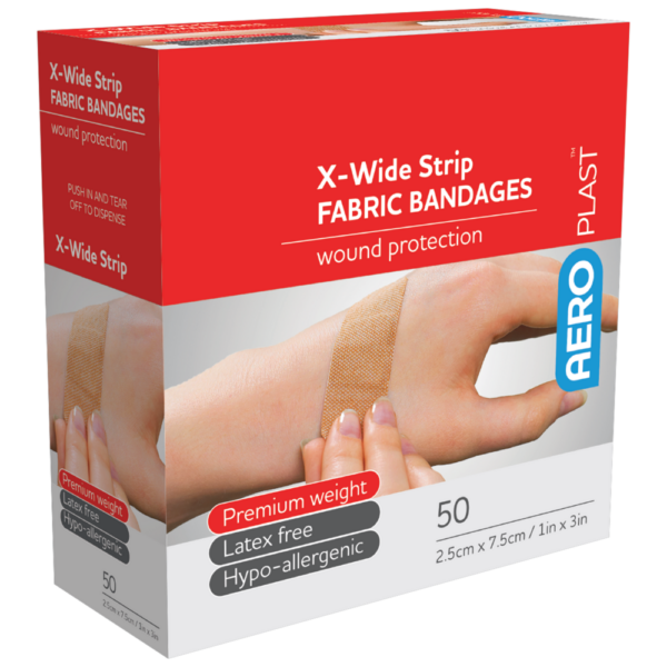 A box of "aero plast x-wide strip fabric bandages" containing 50 latex-free, hypoallergenic adhesive strips for wound protection.