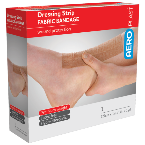 A package of aeroplast dressing strip fabric bandage, indicating latex-free and hypo-allergenic properties, with an image showing the bandage applied to a person's ankle.